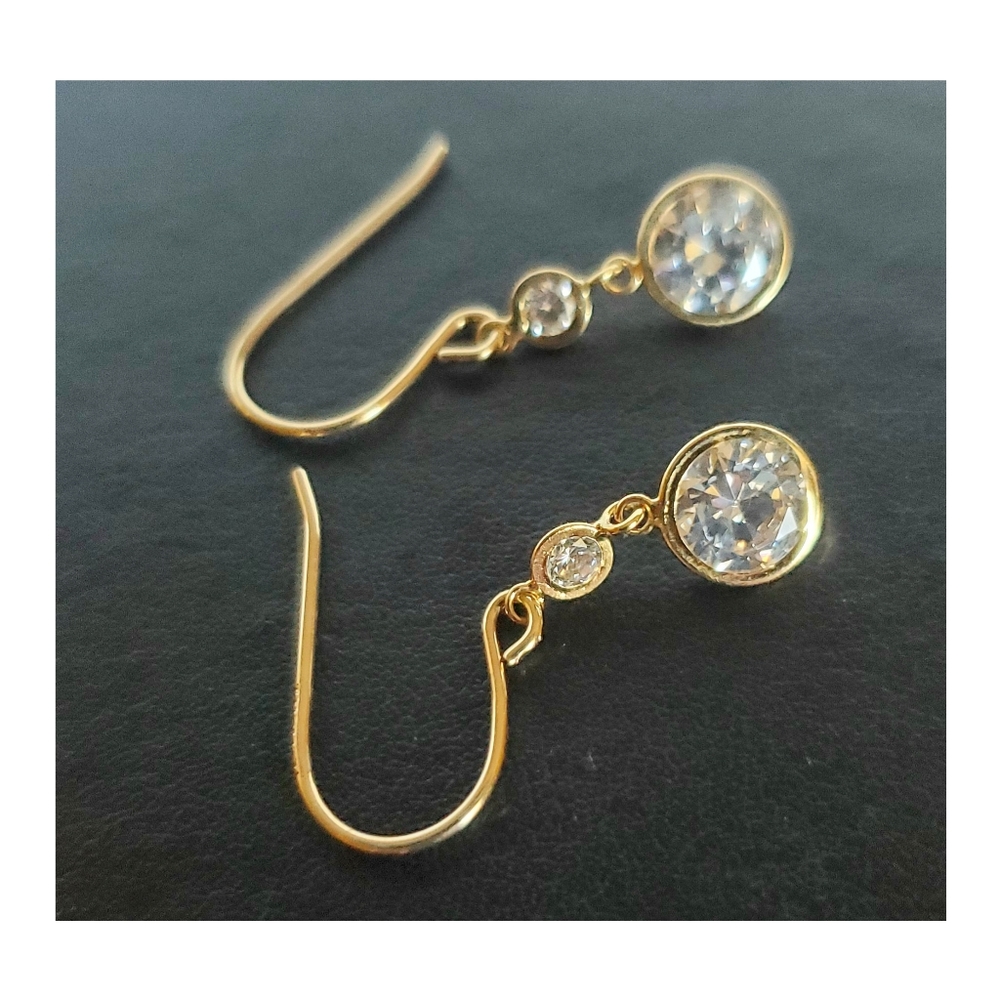 14k Solid Yellow Gold Dangle Double Drop Zirconia… - image 7